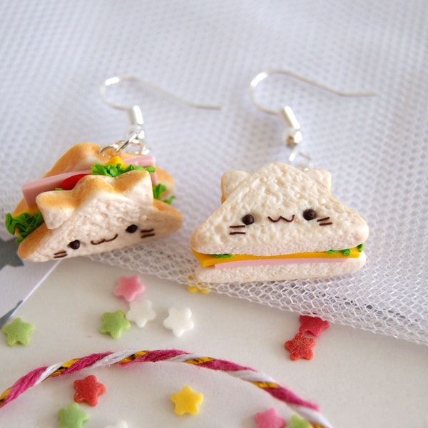 Pendientes sandwich gato kawaii, pendientes comida miniatura arcilla, pendientes animales kawaii, aretes gato kawaii, bisuteria kawaii