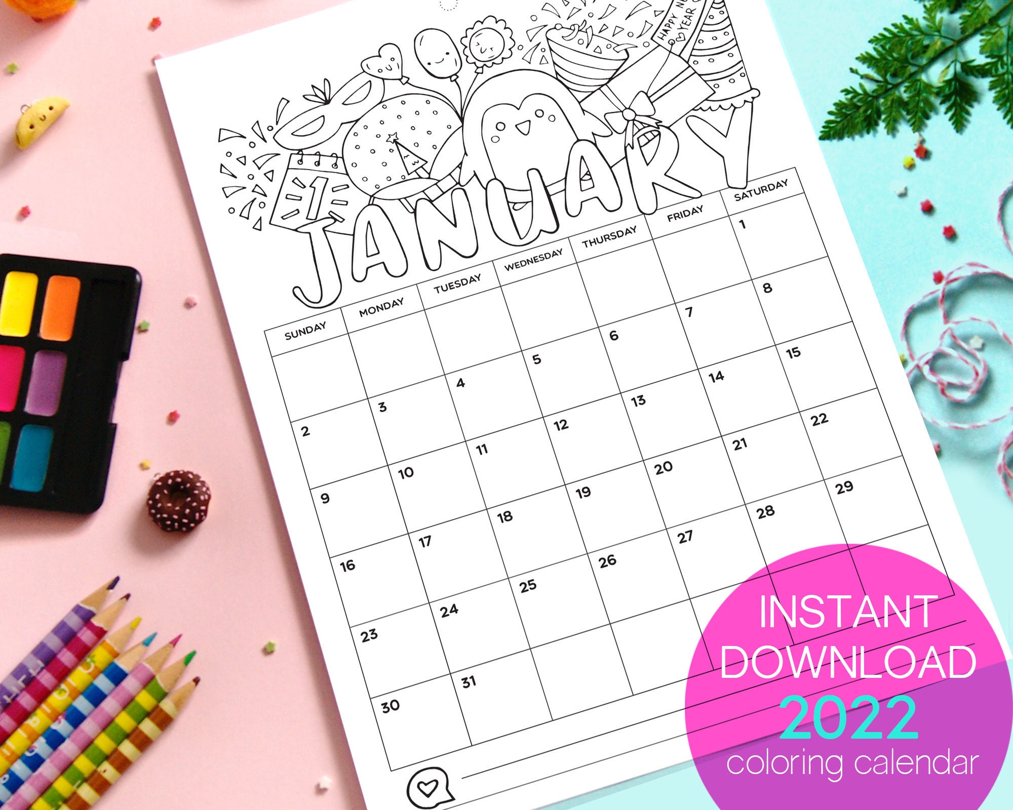 Coloring Calendar 2022 Printable Cute 12 Months Planner | Etsy Uk