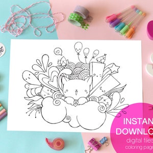 Cute cat printable coloring page, kawaii cat doodle coloring sheet printable, kids printable activity, cat lover printable coloring page