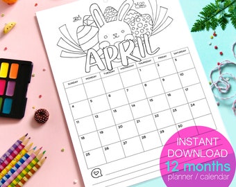 Cute coloring calendar 2024 printable, 12 months planner coloring printable kawaii, coloring page for kids, coloring undated calendar