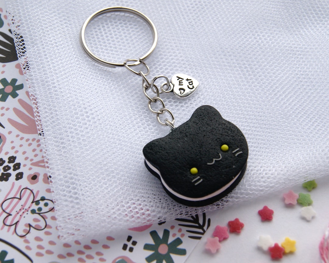 Kawaii Black Cat Keychain: Polymer Clay Cookie Keyring - Etsy