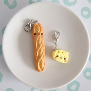 Cute french bread and cheese charms, kawaii baguette bread and cheese charms, kawaii polymer clay food charms, miniature cute food charms
