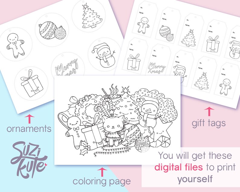 May include: A printable set of Christmas-themed coloring pages and gift tags. The set includes a coloring page with a snowman, a cat, a gingerbread man, a Christmas tree, and ornaments. There are also gift tags with a gingerbread man, a Christmas tree, a snowman, and ornaments.