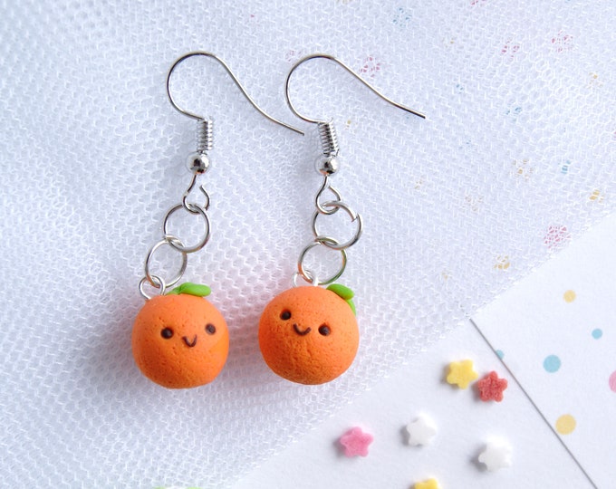 Cute little orange fruit earrings, kawaii food earrings, polymer clay cute fruit earrings, funny earrings, cute food clip on earrings girls
