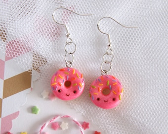 Kawaii Pink Donut Earrings, Polymer Clay Food Jewelry, Clip On Available