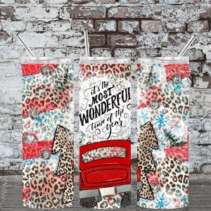 Christmas Tumbler: Leopard Print Red Truck, 20oz Stainless Steel