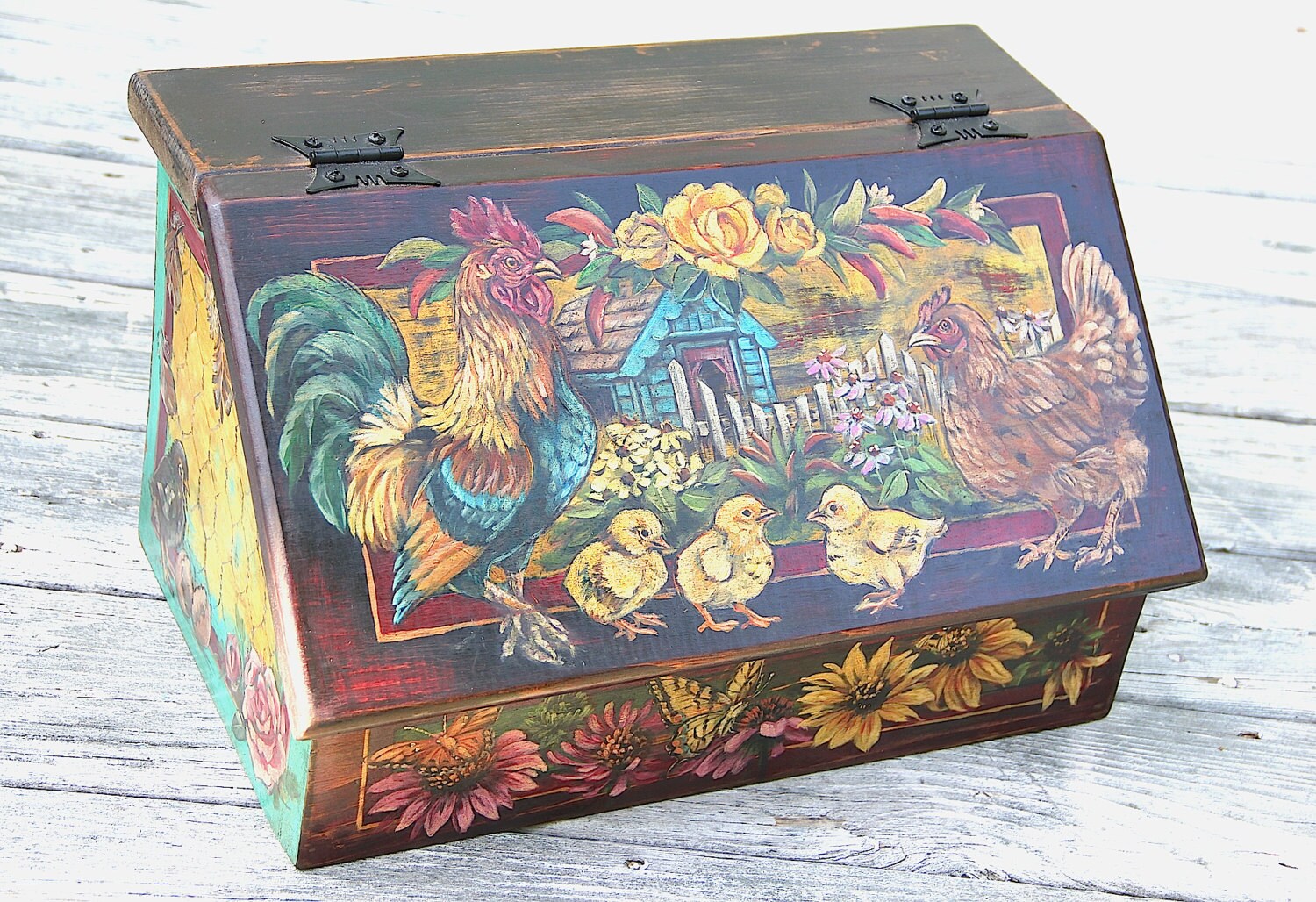 Custom Hand Painted Chicken Rooster Breadbox Wedding Card Box