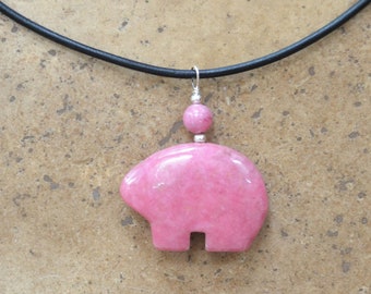 Rhodonite Bear Pendant Necklace: Sterling Silver, Leather Cord