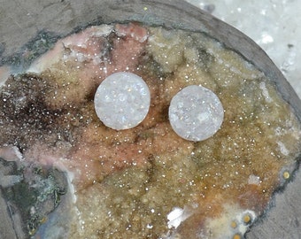 Glittering White Druse Quartz Coin/Dime Post Stud Earrings, with Sterling Silver Studs; Adorable Sparklers