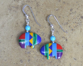 Zuni Bear Earrings: Multi Inlay Sterling Silver & Turquoise (Available in 2 sizes)