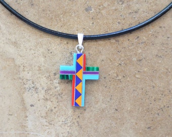 Multi Inlay Cross Pendant Necklace: Zuni Style, Sterling Silver & Leather