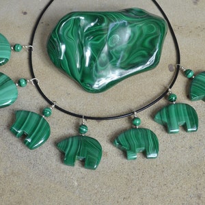 Zuni Fetish style Large Malachite Bear pendant on leather cord Necklace, beaded w/Sterling Silver (3 lovely vertical stratas to choose from)