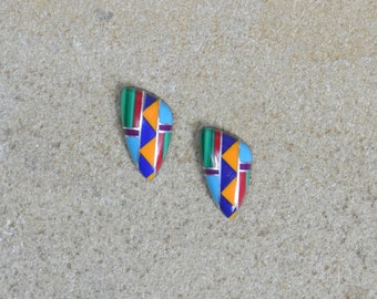 Zuni Style Inlay Triangle Stud Earrings: Sterling Silver Posts