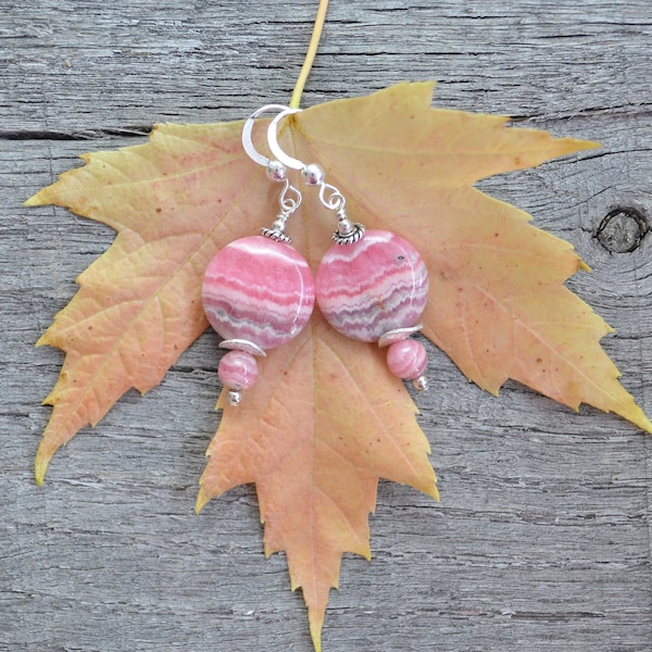 Deep Saturated, Striated Pink Rhodochrosite Coin/Dime Earrings, Swirling Pastels, Beaded with Sterling Silver (Select from 4 Lovely Pairs!)