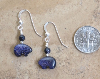 Blue Goldstone Bear Earrings: Sterling Silver Beaded Zuni Style
