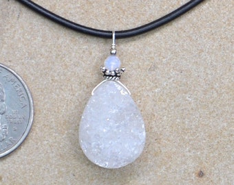 Glittering White Druse Quartz Teardrop & Sterling Silver Pendant, Earrings or Set; Choose - Leather Cord or Sterling Snake Chain Necklaces