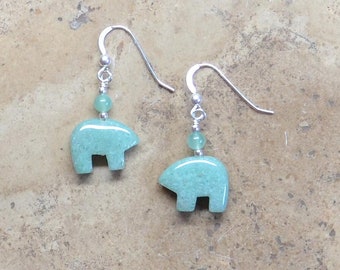 Zuni Fetish style pointed nose Green Aventurine Bear Earrings, Necklace or Set; beaded with Sterling silver