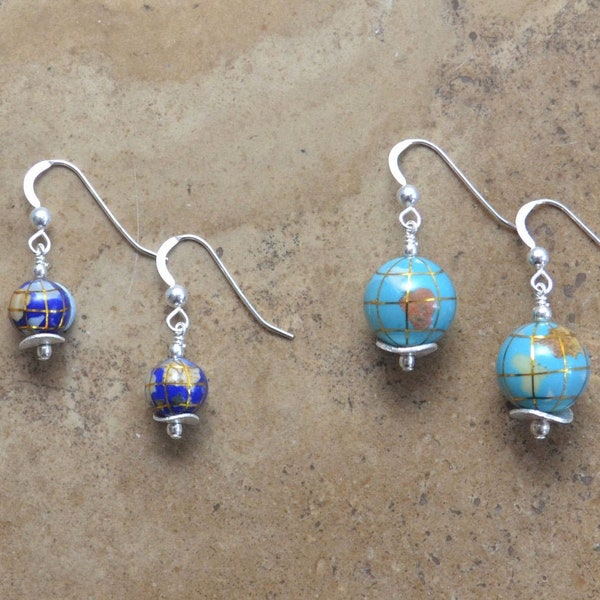 Multi Inlay World Globe Earrings or Necklace, Beaded w/Sterling Silver; Tiny Continents of Stone (Choose From 2 Earring Sizes/Colors)