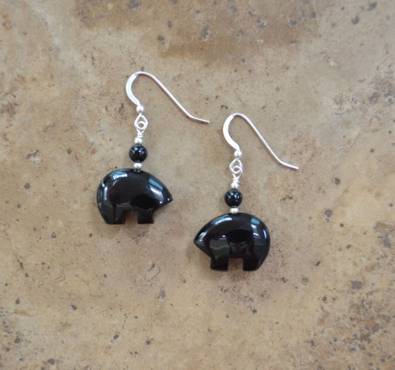 Black Onyx Bear Earrings: Sterling Silver Beaded Zuni Style