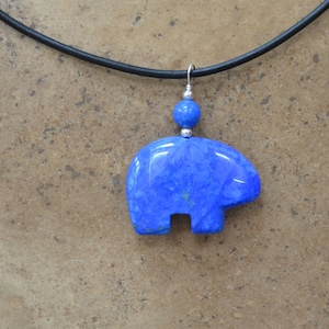 Hand Carved Blue Howlite Zuni Bear Leather Charm Necklace unique Jewelry New 