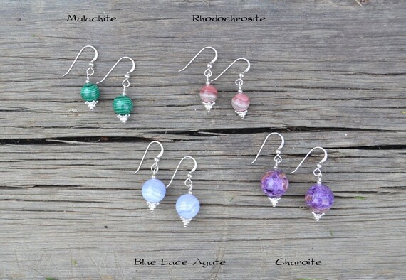 Lovely, Semi Precious Gemstone Ball Earrings, Beaded w/Sterling silver; in Malachite, Rhodochrosite & Blue Lace Agate (Choose your fav!)