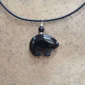 Black Onyx Bear Pendant Necklace: Sterling Silver, Leather Cord