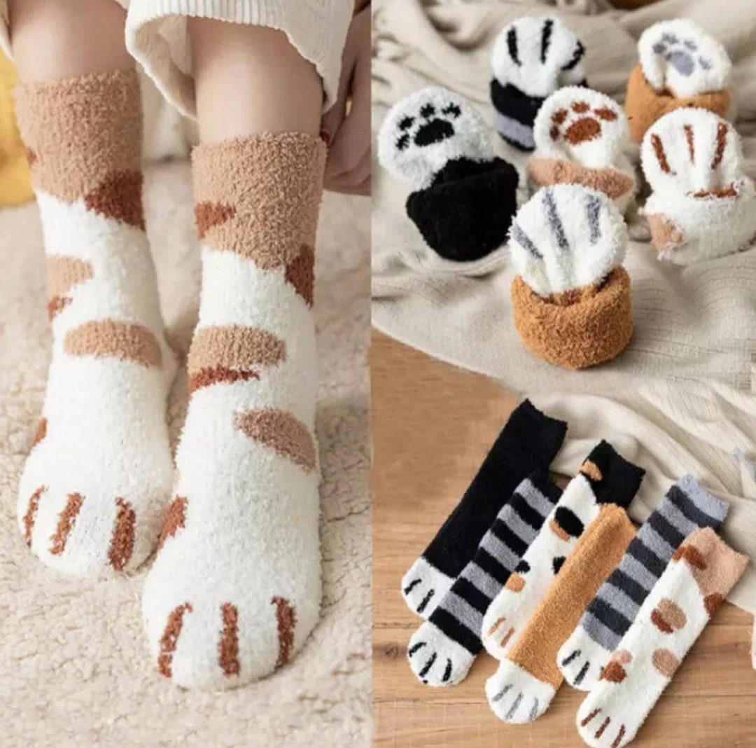 Women Fuzzy Cat Paw Crew Socks Cute Soft Cozy Fluffy Warm Etsy