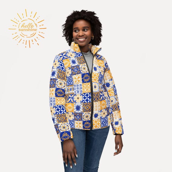 Womens Puffer Jacket - Blue and Gold Trendy Tile