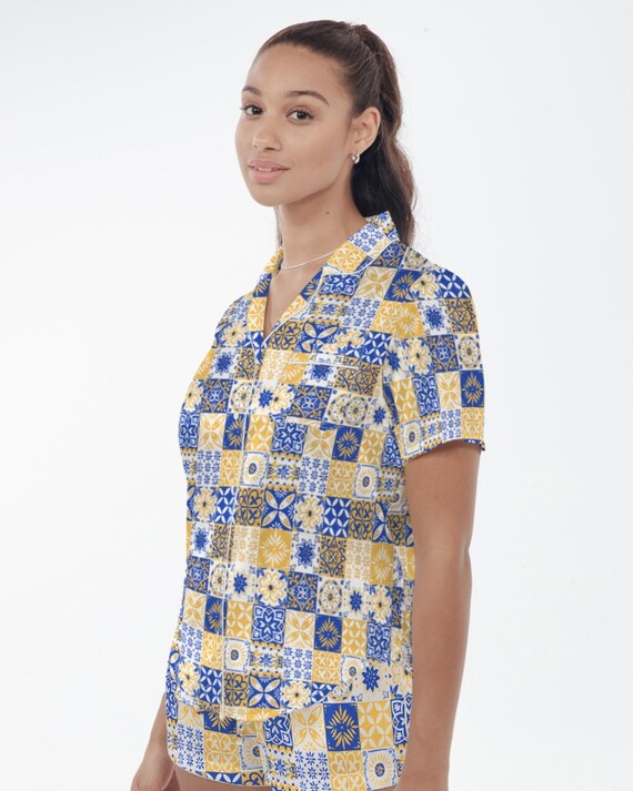 Women's Satin Pajama Set - Trendy Blue and Gold Tile