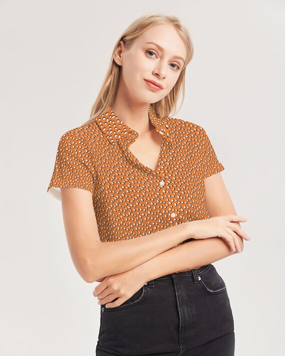 Spirited Orange and Blue Polka Dots - Women's Short Sleeve Button Up