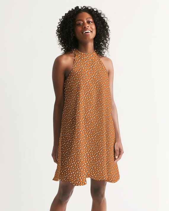 Women's Halter Dress - Spirited Orange and Blue Polka Dots