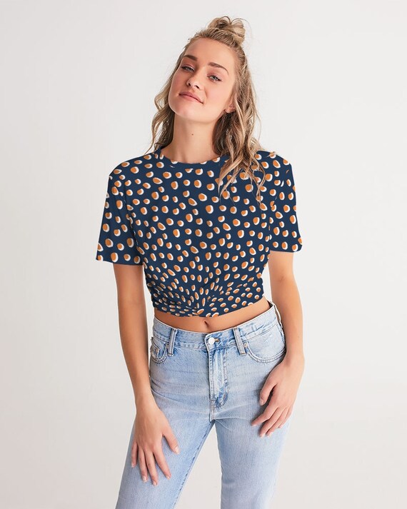 Women's Twist-Front Cropped Tee Blue with Orange Polka Dots