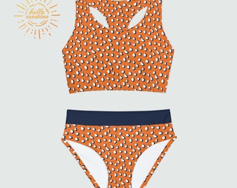Spirited Orange and Blue Polka Dots Girl's Sporty Two Piece Swimsuit
