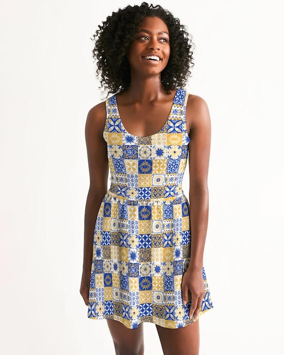 Women's Skater Dress - Trendy Blue and Gold Tile
