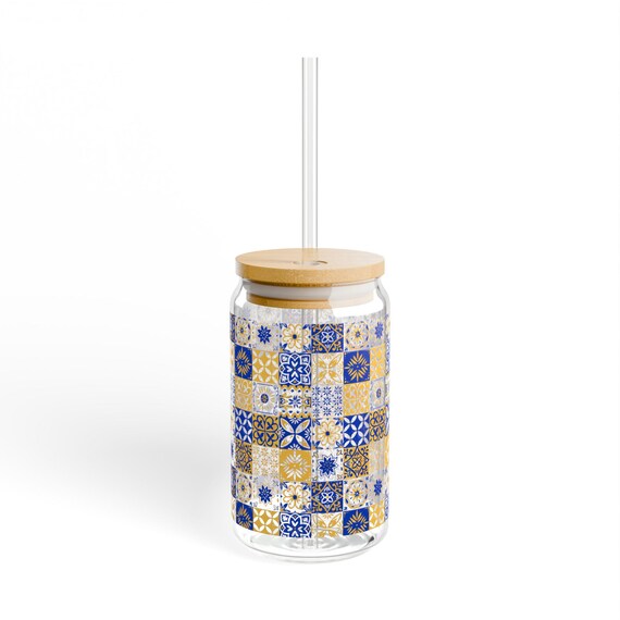 Sipper Glass, 16oz - Blue and Gold Trendy Tile