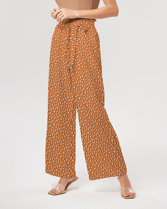 Spirited Orange and Blue Polka Dots - Women's High-Rise Wide Leg Work Pants