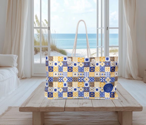 Summer Beach Bag - Blue and Gold Trendy Tile