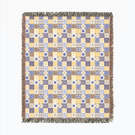 Woven Blanket - Blue and Gold Trendy Tile
