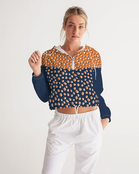 Spirited Orange and Blue Polka Dots - Women's Cropped Windbreaker