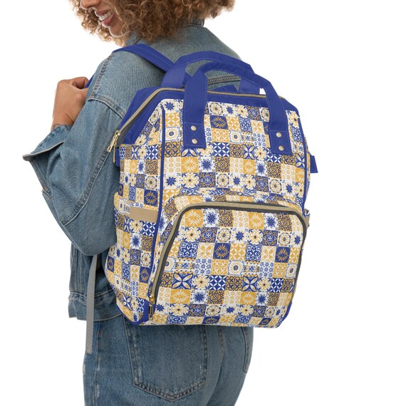 Multifunctional Diaper Backpack - Blue and Gold Trendy Tile