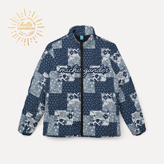 Womens Puffer Jacket - Michigander Across Front White with Blue Outline