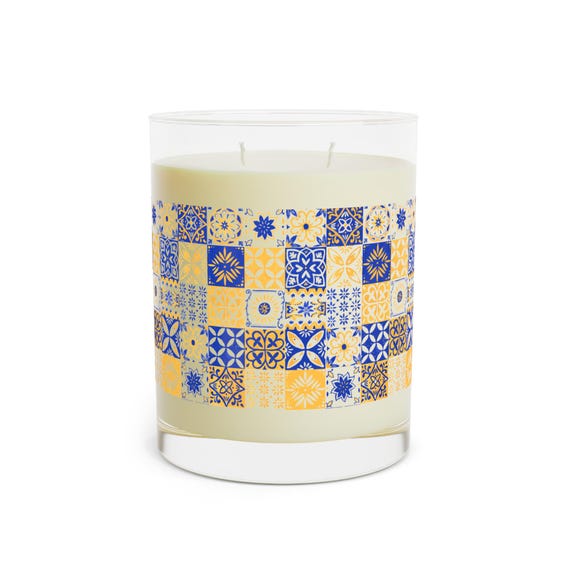 Scented Candle - Full Glass, 11oz - Blue and Gold Trendy Tile
