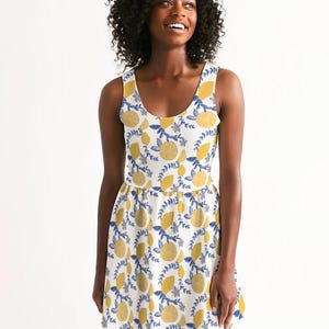 blue one piece dress for women Betty Button dress, White and Blue with Lemons – Iconic Designs Shop