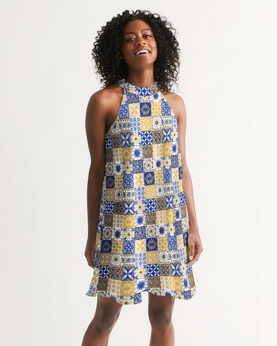 Women's Halter Dress - Trendy Blue and Gold Tile