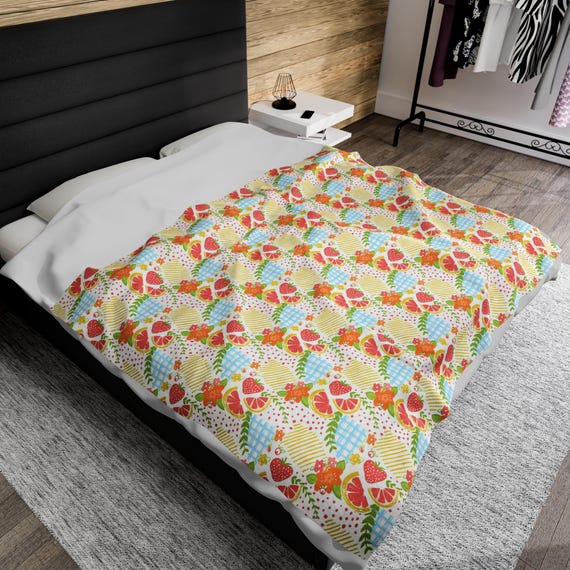 Velveteen Plush Blanket - Fruit Salad Picnic