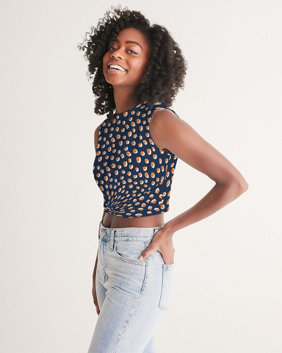 Women's Twist-Front Tank  Blue with Orange Polka Dots