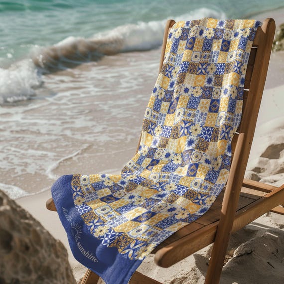Beach Towel - Blue and Gold Trendy Tile