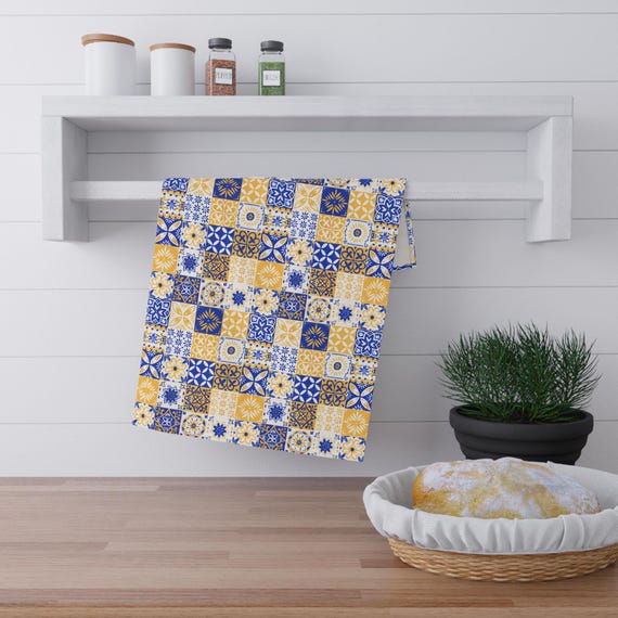 Tea Towels (cotton, poly) - Blue and Gold Trendy Tile