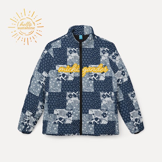 Womens Puffer Jacket - Michigander Across Front in White with Gold Outline
