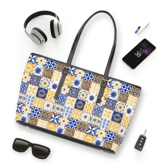 PU Leather Shoulder Bag - Blue and Gold Trendy Tile